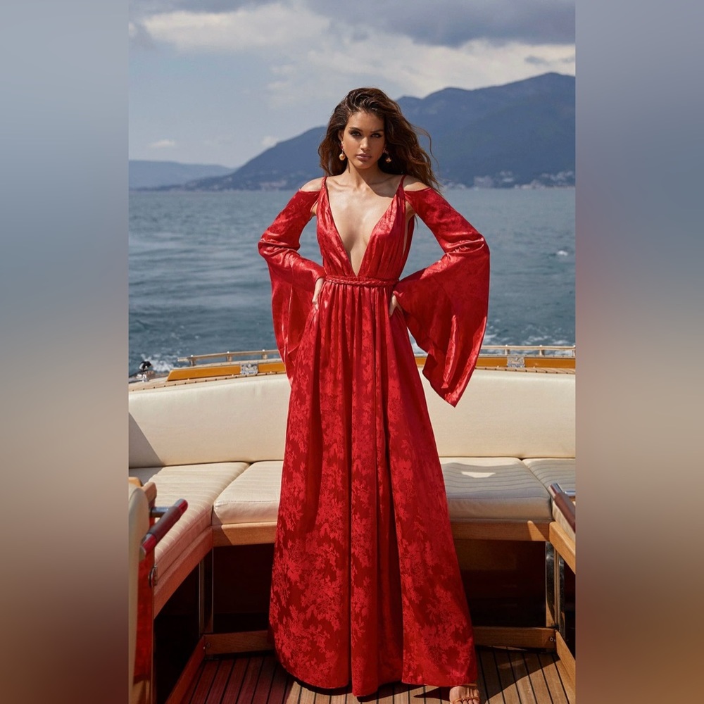 Alamour The Label Zeina Gown | Red Flowy Satin Gown